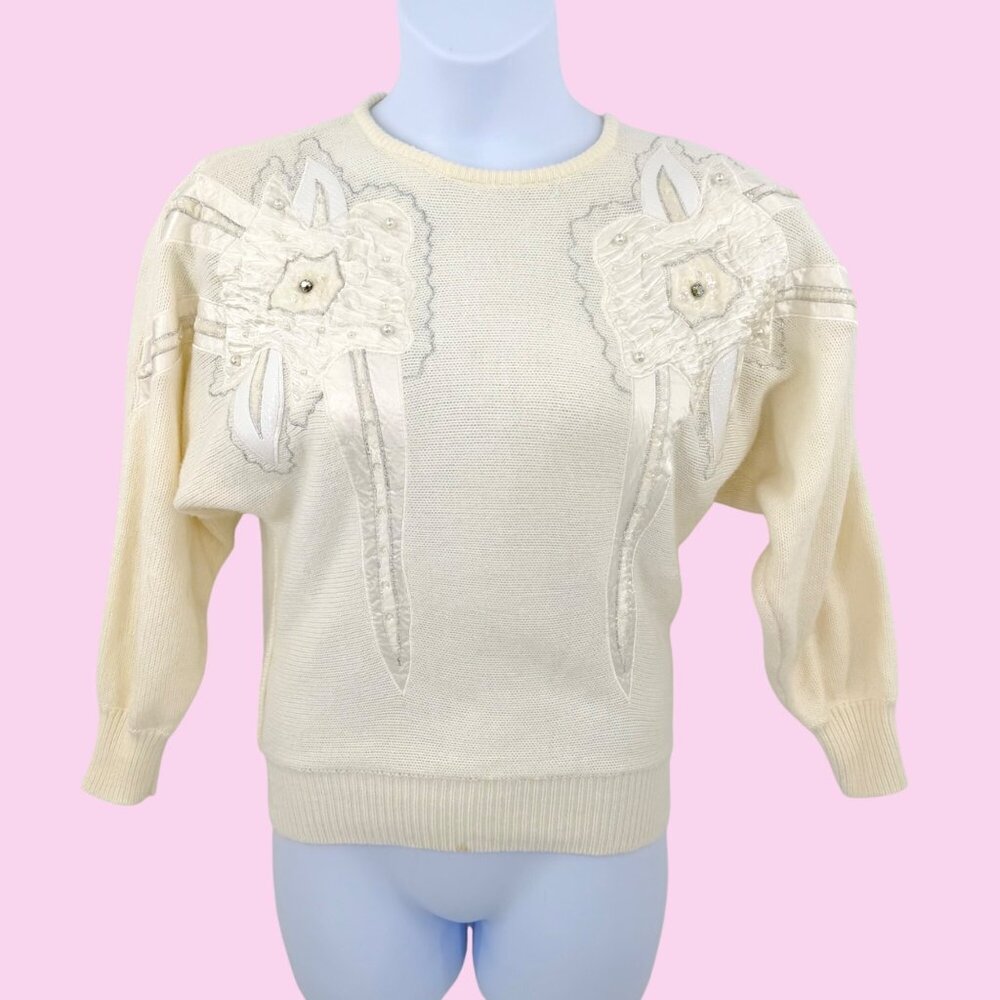 VINTAGE CARDUCCI IVORY FLORAL PEARL EMBELLISHED DOLMAN SLV 80'S SWEATER!  M